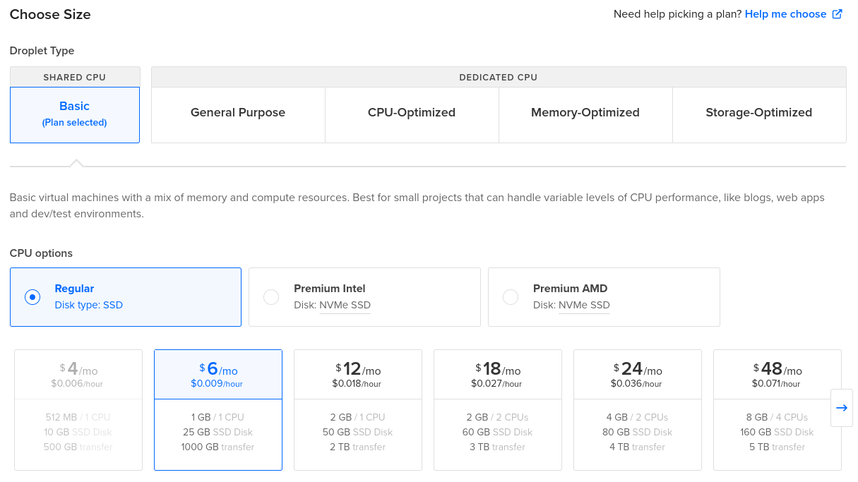Create Droplet: Choose Size